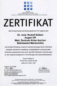 Zertifikat des Beratungszentrum f�r Hygiene, Freiburg